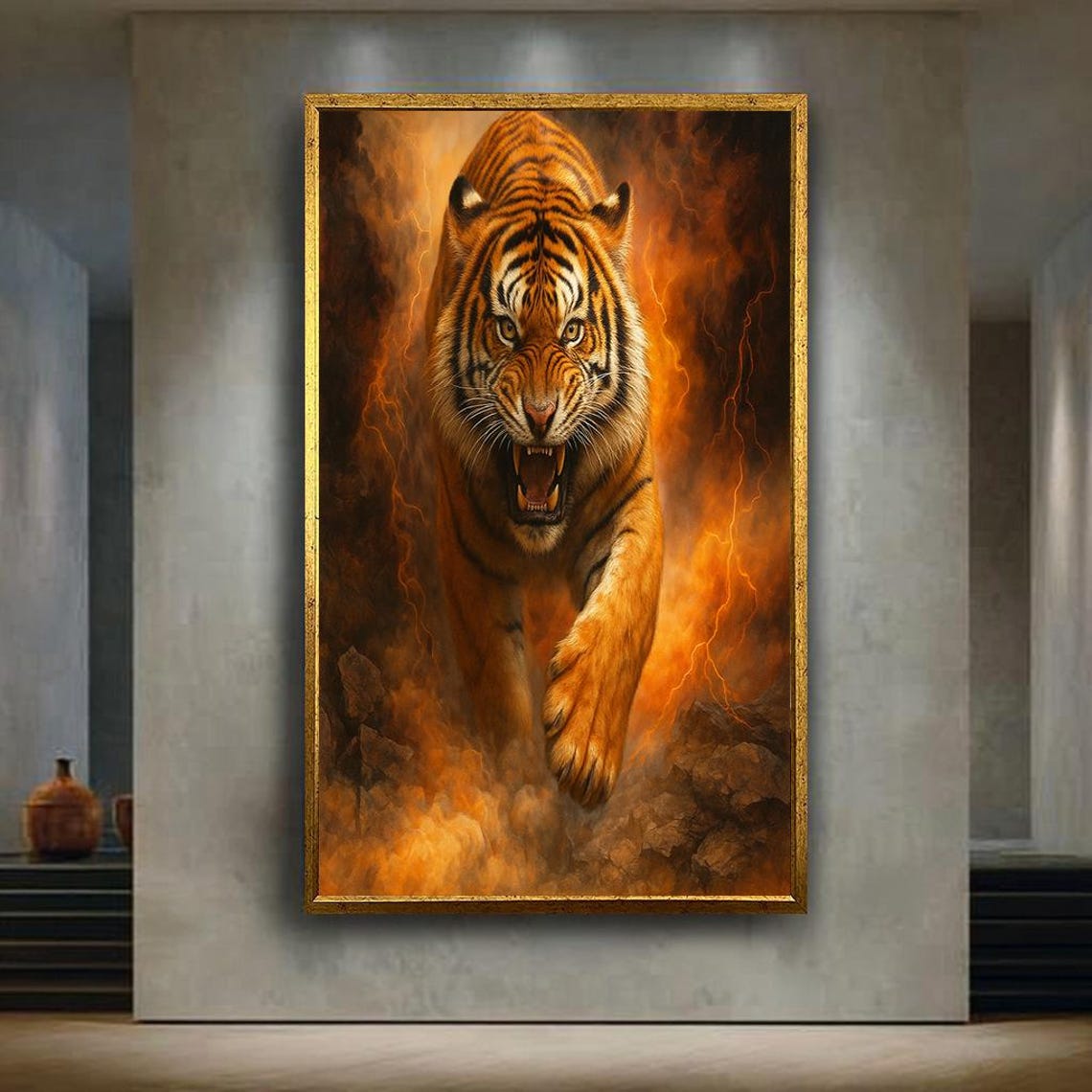 Fierce Tiger Charging Through Flames Bold Wildlife Art Poster