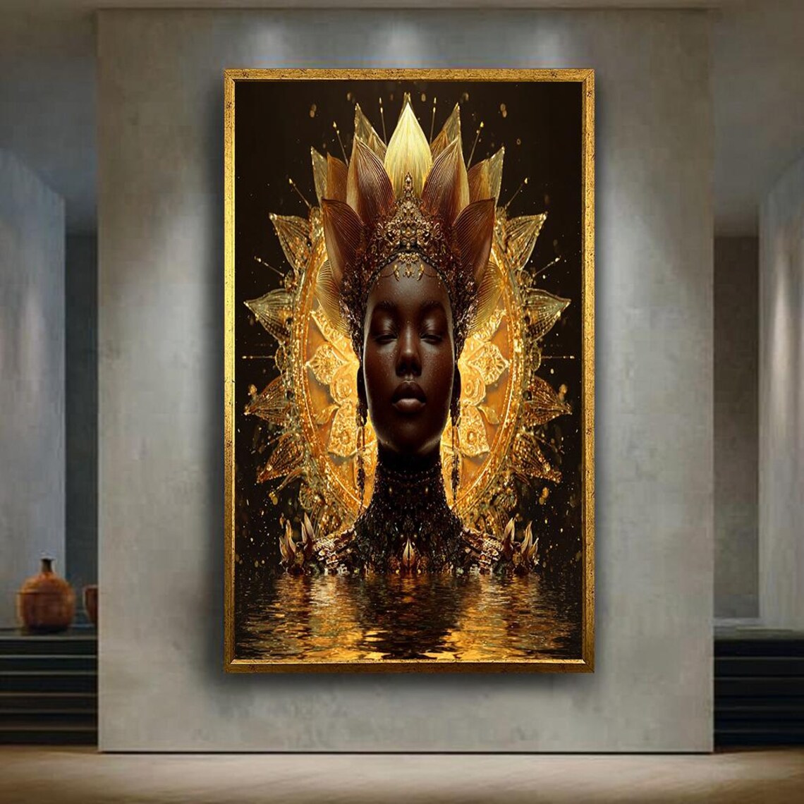 Golden Goddess With Radiant Crown Halo Over Dark Water Poster