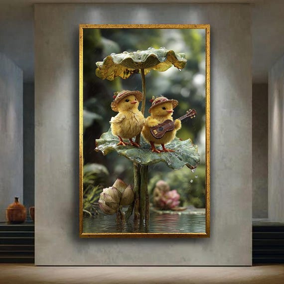 Cute Ducklings Wall Art Print Whimsical Spring Animal Poster Baby Chicks Playing Music Fantasy Nature Nursery Decor