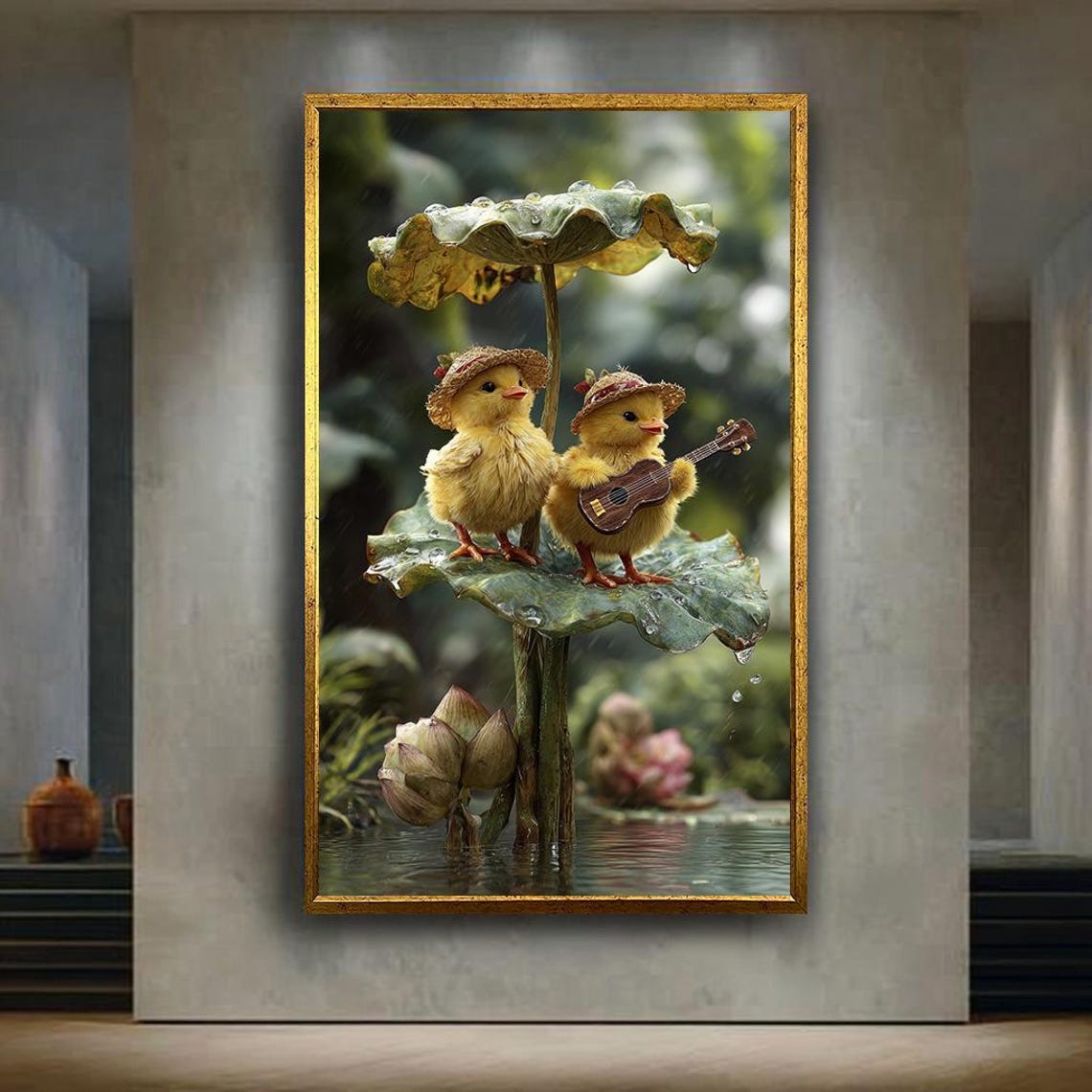 Cute Ducklings Guitar Lotus Leaf Rain Whimsical Nursery Poster