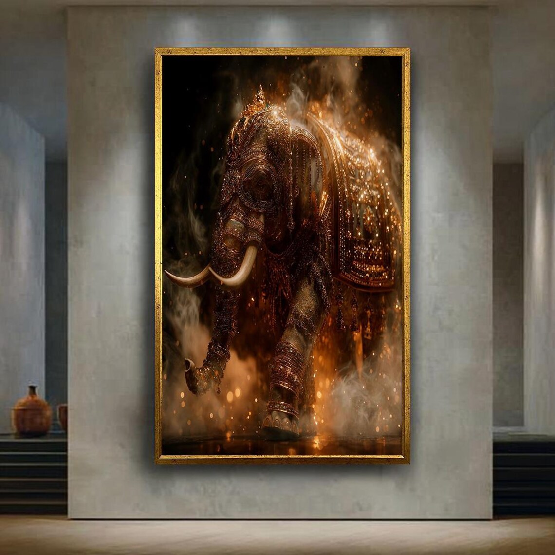 Majestic Golden Elephant Ornate Tusks Spiritual Dark Luxury Wall Art