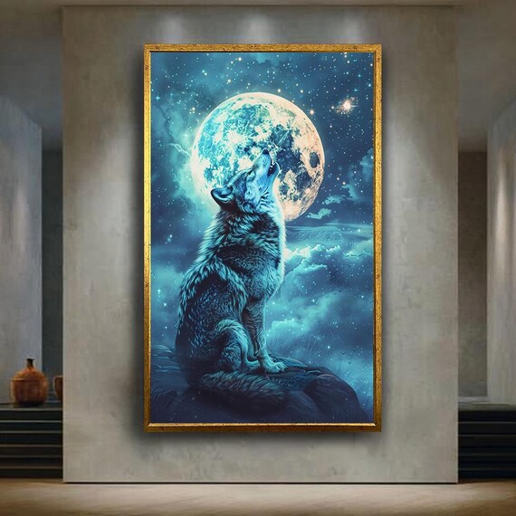 Howling Wolf And Full Moon Canvas Wall Art With Starry Night Sky Mystical Wildlife Animal Artwork For Rustic Nature Home Decor