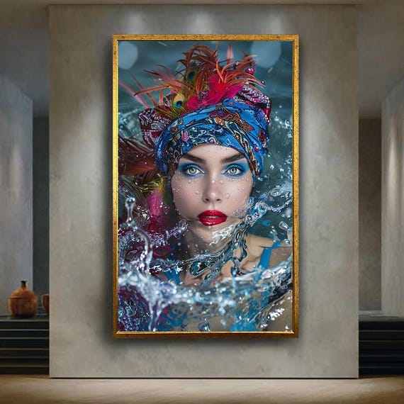 Exotic Woman Canvas Wall Art Colorful Headwrap And Feather Headdress Portrait Vibrant Water Splash Print For Modern Home Decor