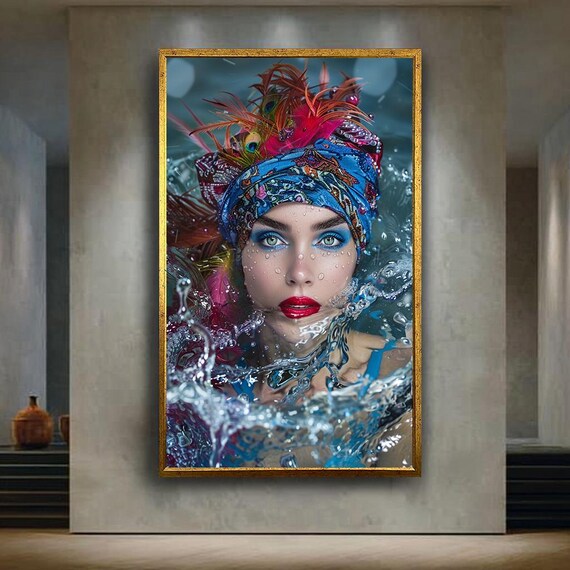 Woman in Blue Feathered Headwrap Water Splash Glamour Portrait Poster