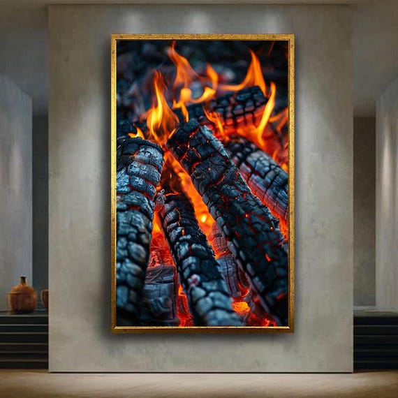 Burning Campfire Logs Canvas Wall Art Cozy Rustic Firewood Flames Print Warm Fireplace Decor For Cabin Lodge Or Outdoor Lovers
