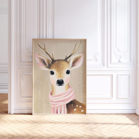 Festive Reindeer Christmas Print Trendy Girly Holiday Poster Winter Wall Decor Nursery Room Playroom Art