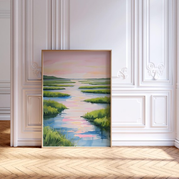 Pastel Marsh Sunset Wetland Landscape Calming Watercolor Art Poster