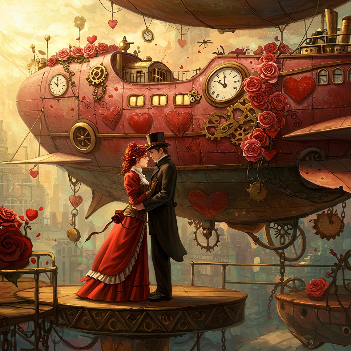 Steampunk Romance Airship Victorian Couple Hearts Clockwork Poster