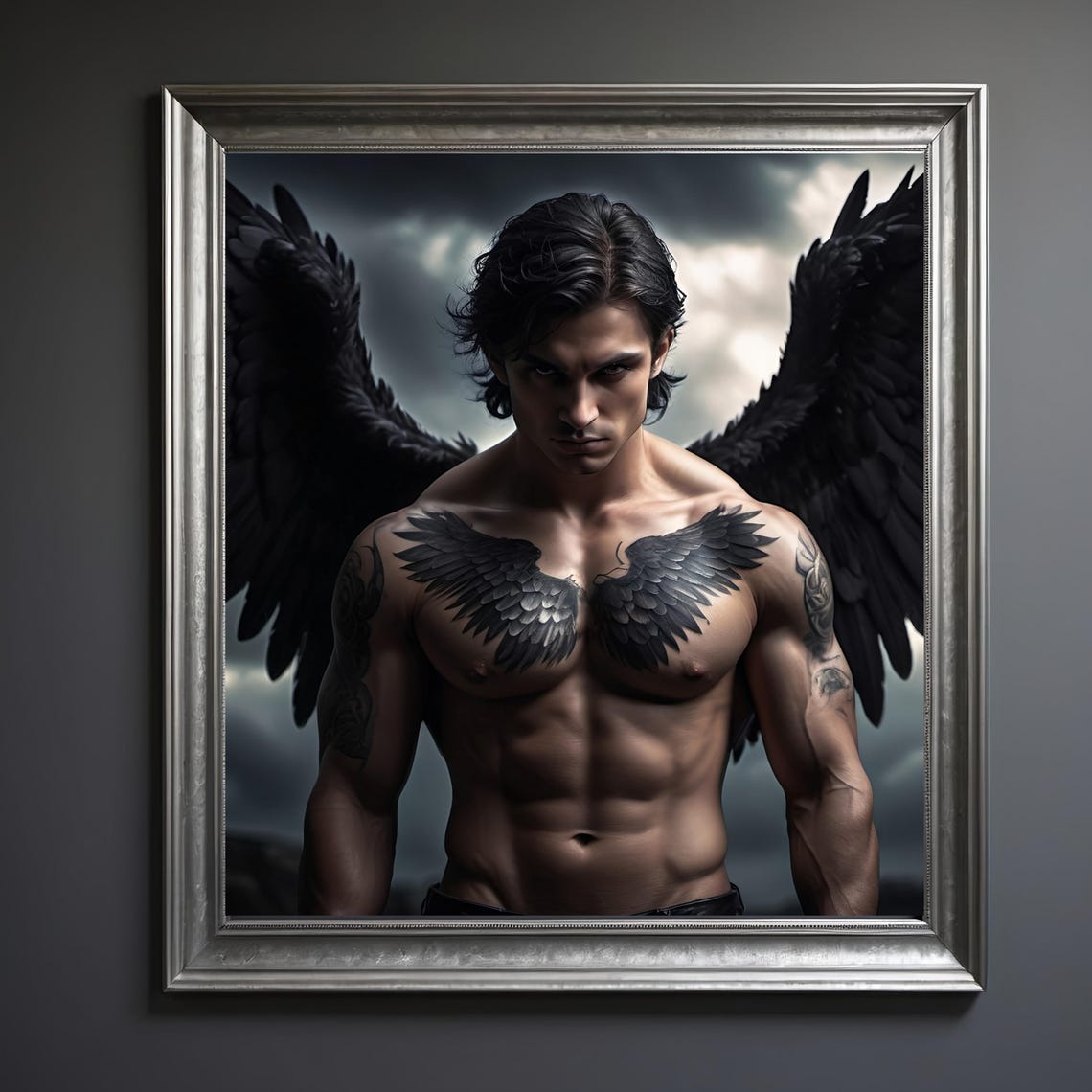 Dark Angel With Wing Tattoos Celestial Gothic Art Stormy Sky And Powerful Figure Mystical Fantasy Decor - Image 2