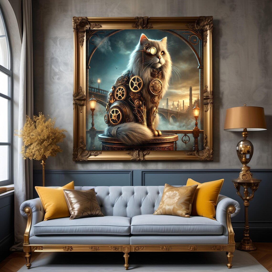 Steampunk Cat Brass Goggles Gear Armor Victorian Bridge Portrait Wall Art - Image 3