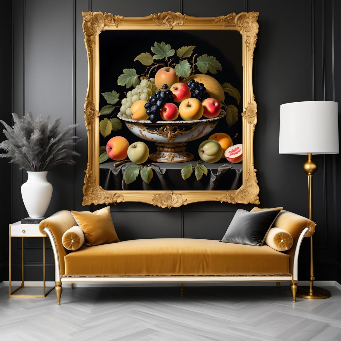 Baroque Still Life of Fruit in Ornate Porcelain Compote Dark Print - Image 3