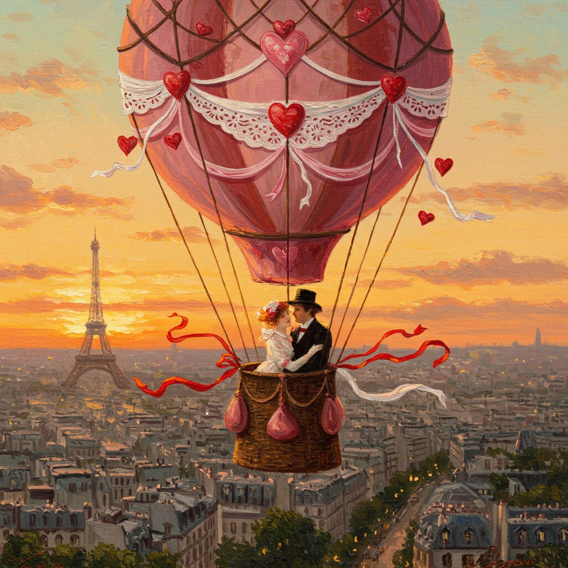 Paris Hot Air Balloon Ride Couple Eiffel Tower Sunset Skyline Poster