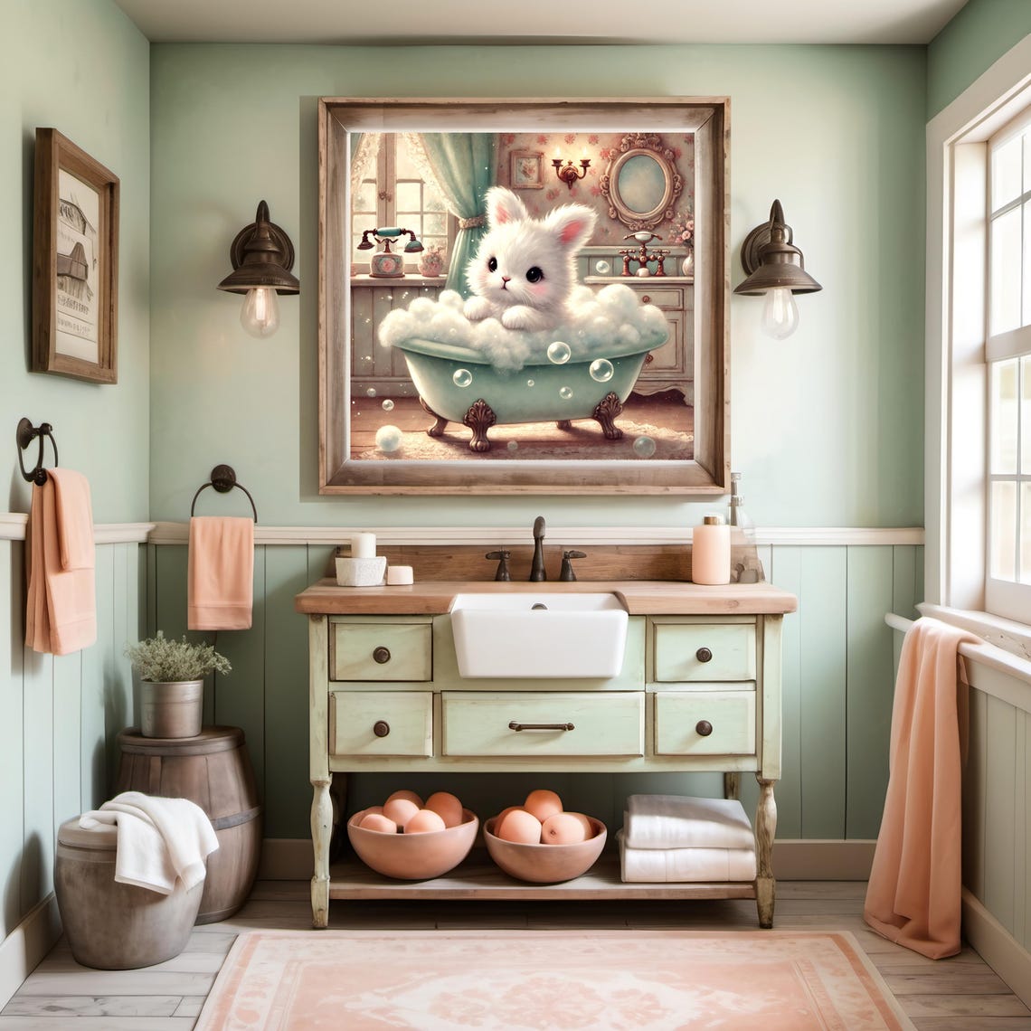 Fluffy Bunny Bubble Bath Vintage Mint Clawfoot Tub Cozy Nursery Poster - Image 2