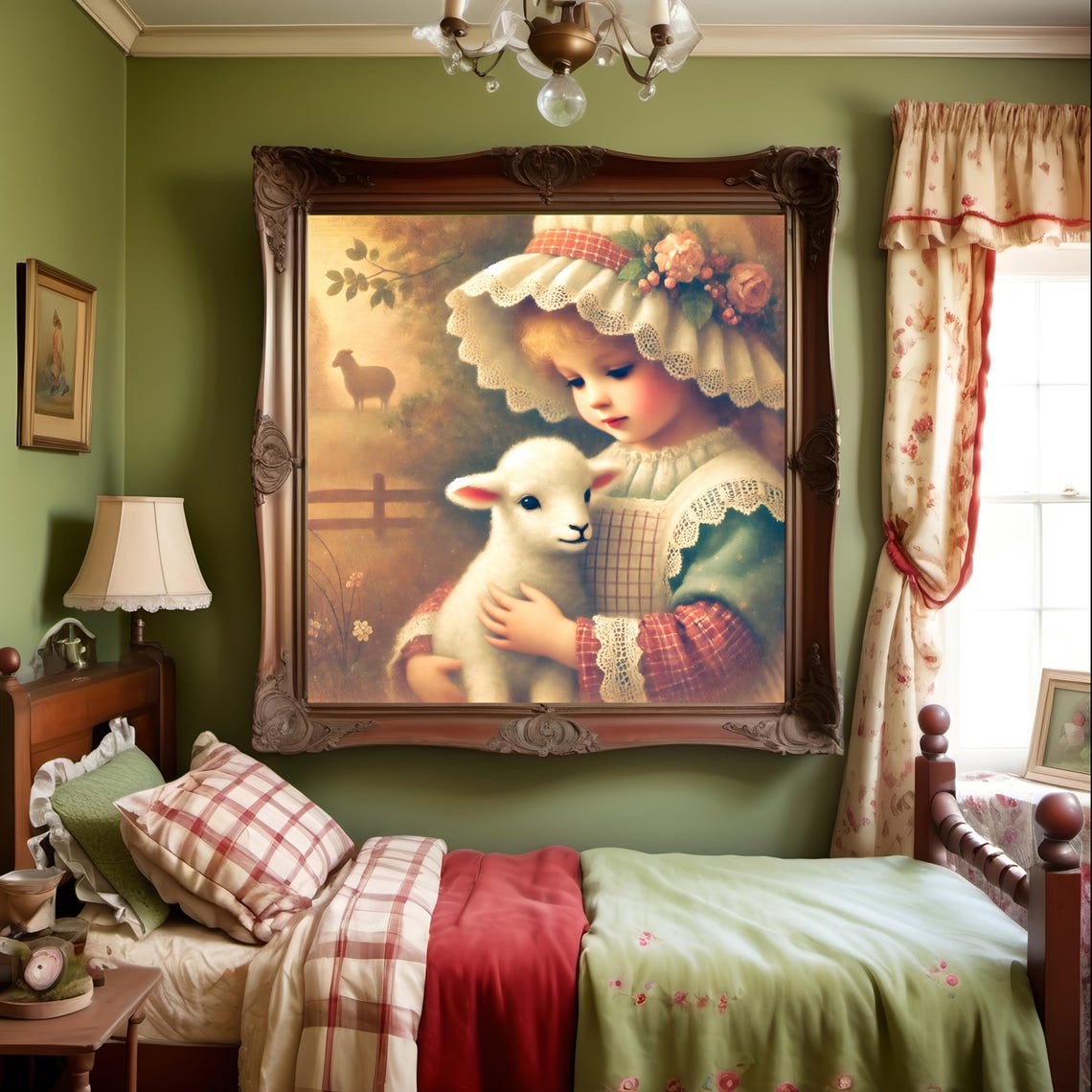 Mary Had A Little Lamb Girl With White Lamb Vintage Nursery Print - Image 3