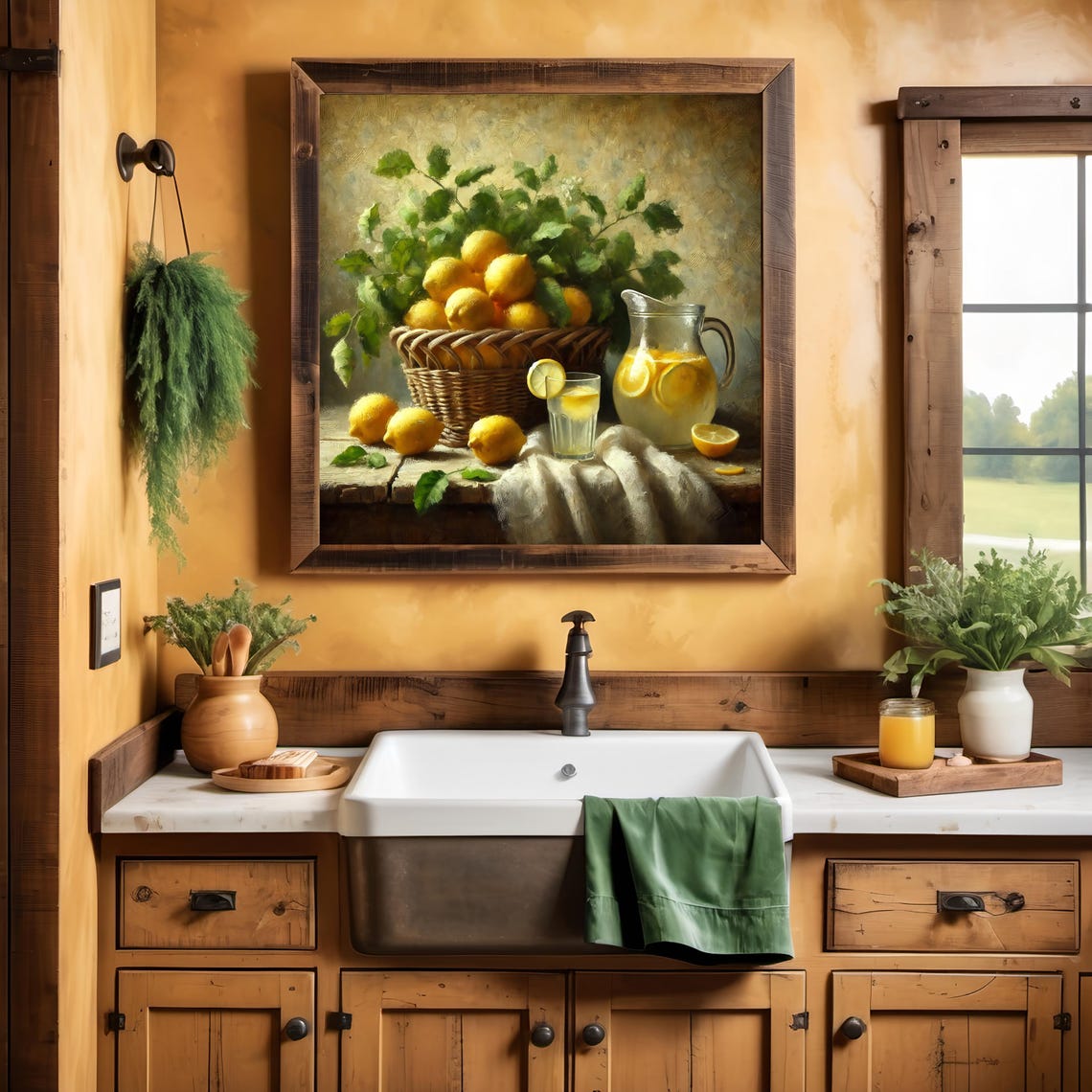Vintage Lemon Basket with Lemonade Pitcher Rustic Kitchen Still Print - Image 2