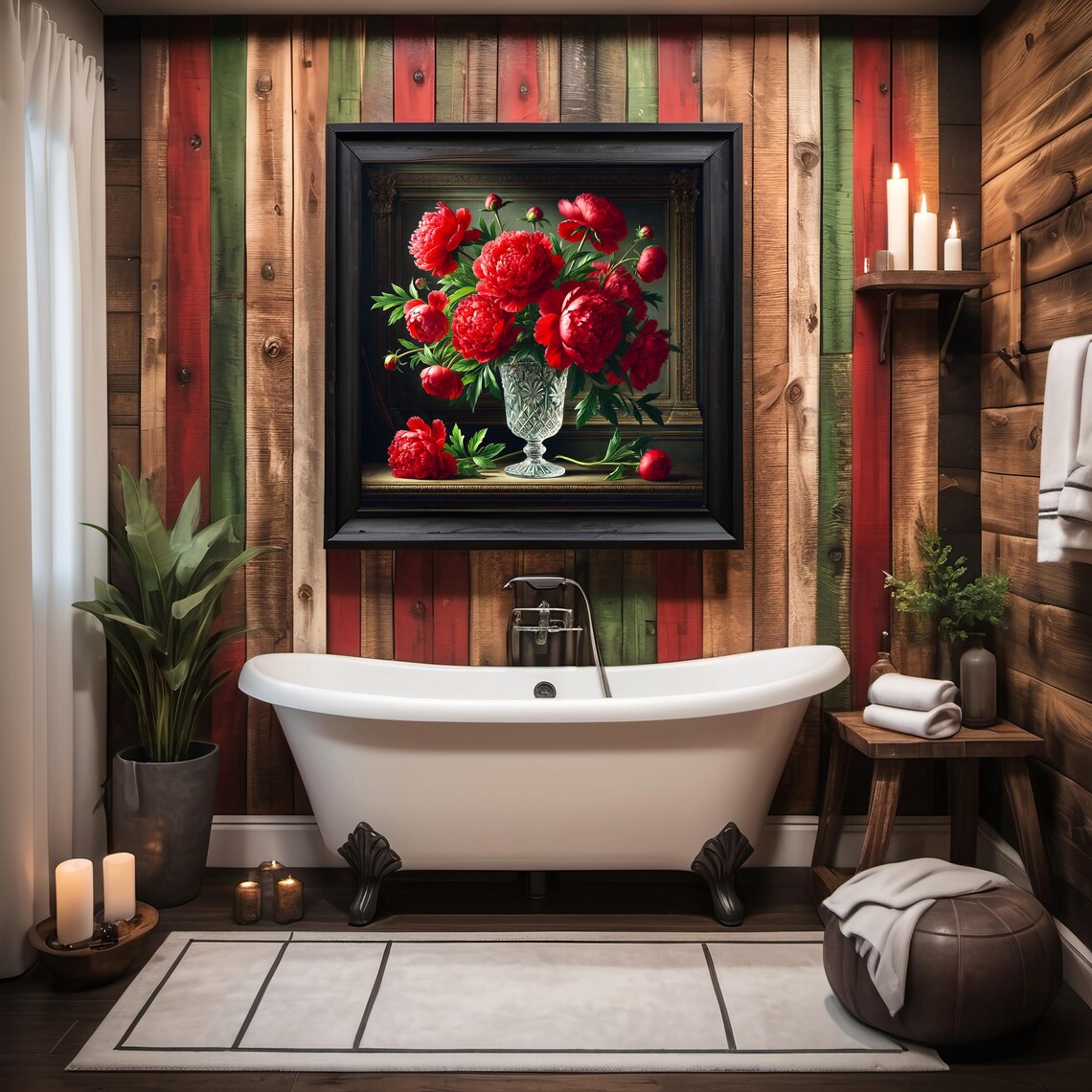 Lush Red Peonies Bouquet in Cut Crystal Vase Floral Still Life Poster - Image 2