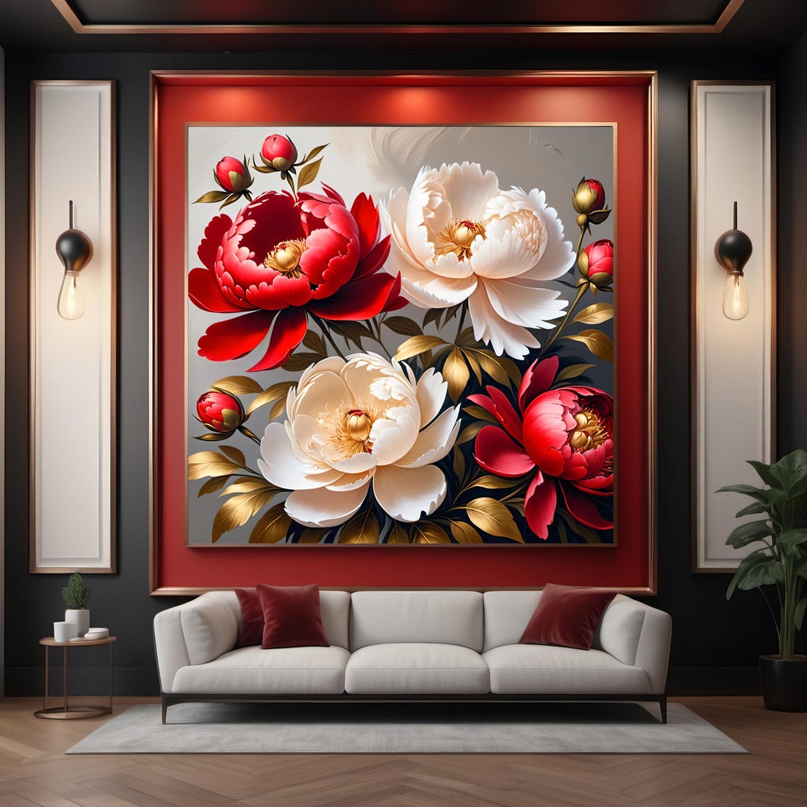 Red White Peony Blossoms Gold Leaves Bold Floral Botanical Art Poster - Image 2