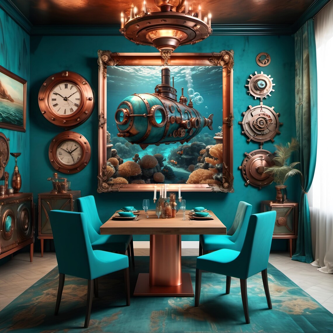 Underwater Steampunk Submarine Print Nautical Fantasy Wall Art Turquoise And Bronze Sci Fi Artwork Steampunk Gift Lover Idea - Image 3