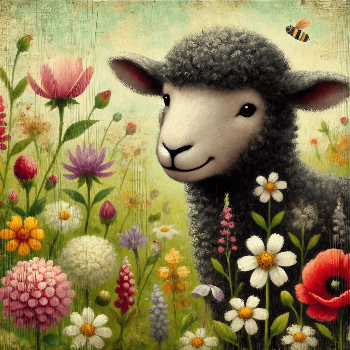Baa Baa Black Sheep Wildflower Meadow Close Up Nursery Art Poster