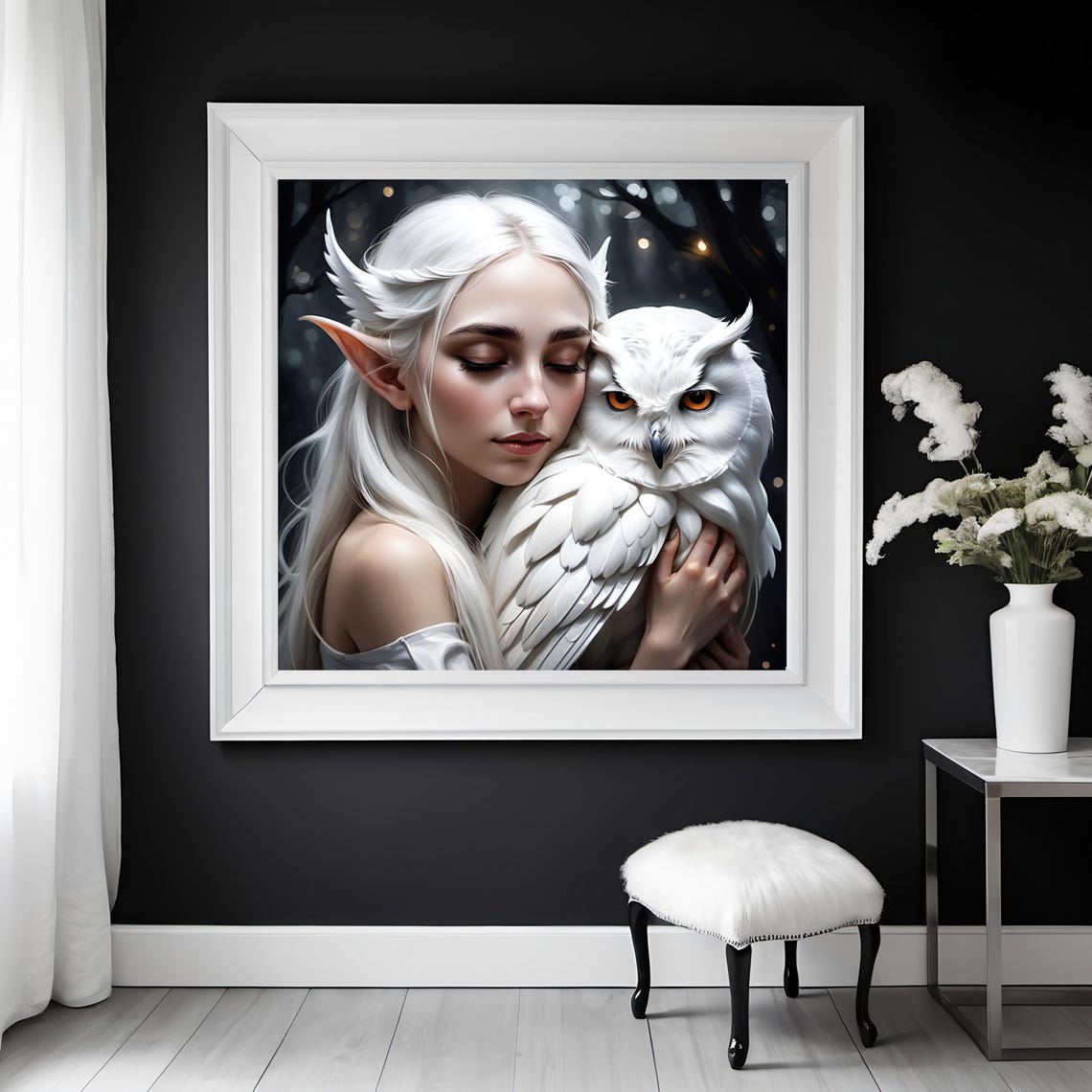 Elven Maiden With Snowy White Owl In Enchanted Winter Forest Poster - Image 3
