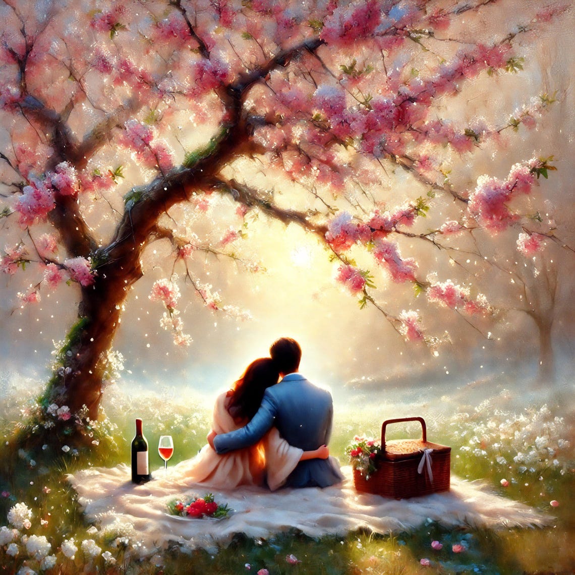 Romantic Couple Picnic Under Cherry Blossoms at Sunset Wall Art