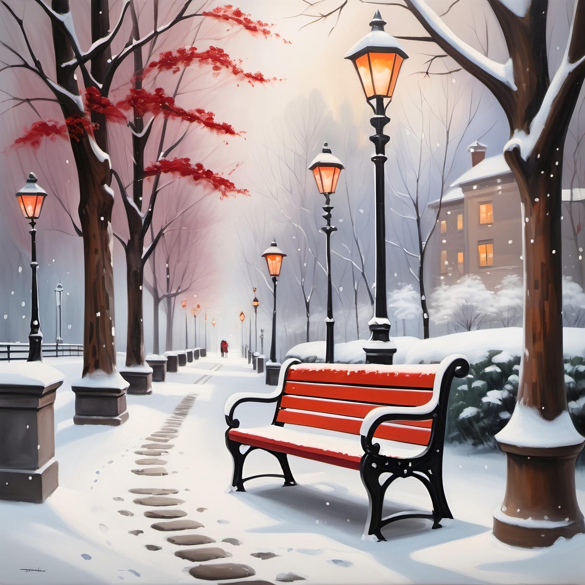 Snowy Winter Park Red Bench Glowing Lamppost Serene Cozy Art Print