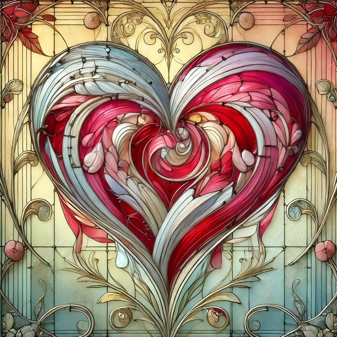 Art Nouveau Stained Glass Heart, Valentine Wall Art Print