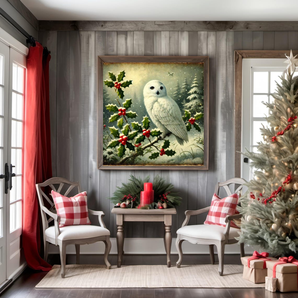 White Snowy Owl on Holly Vintage Winter Christmas Wall Art Print - Image 2