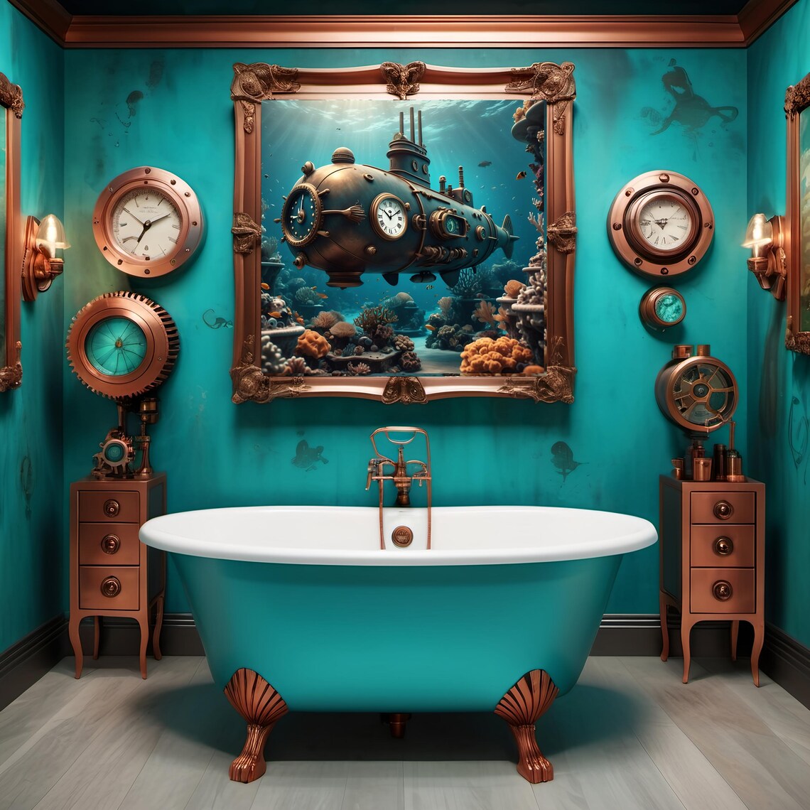 Underwater Steampunk Submarine Print Nautical Fantasy Wall Art Turquoise And Bronze Sci Fi Artwork Steampunk Gift Lover Idea - Image 2