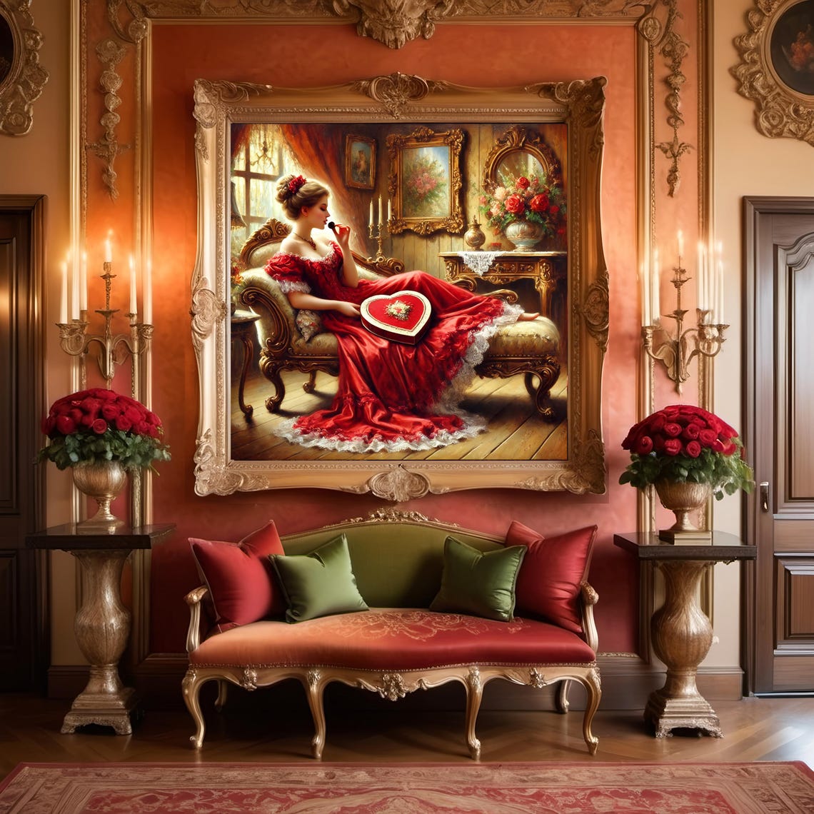 Victorian Woman in Red Gown with Chocolate Box Elegant Wall Art - Image 3