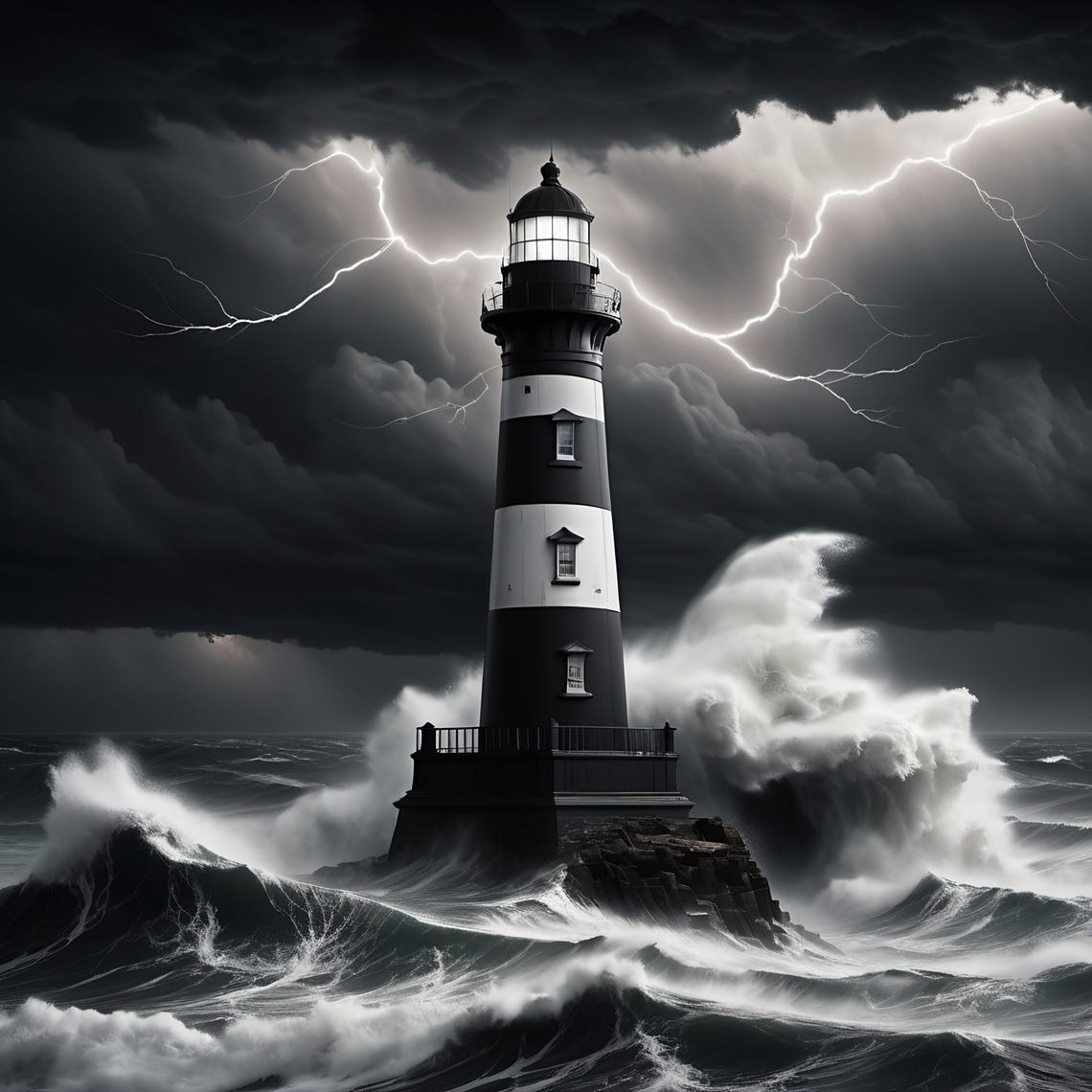 Lighthouse Dramatic Seascape Wall Art Ocean Waves Lightning Print Lighthouse Lover Gift Idea Ocean Lover Gift