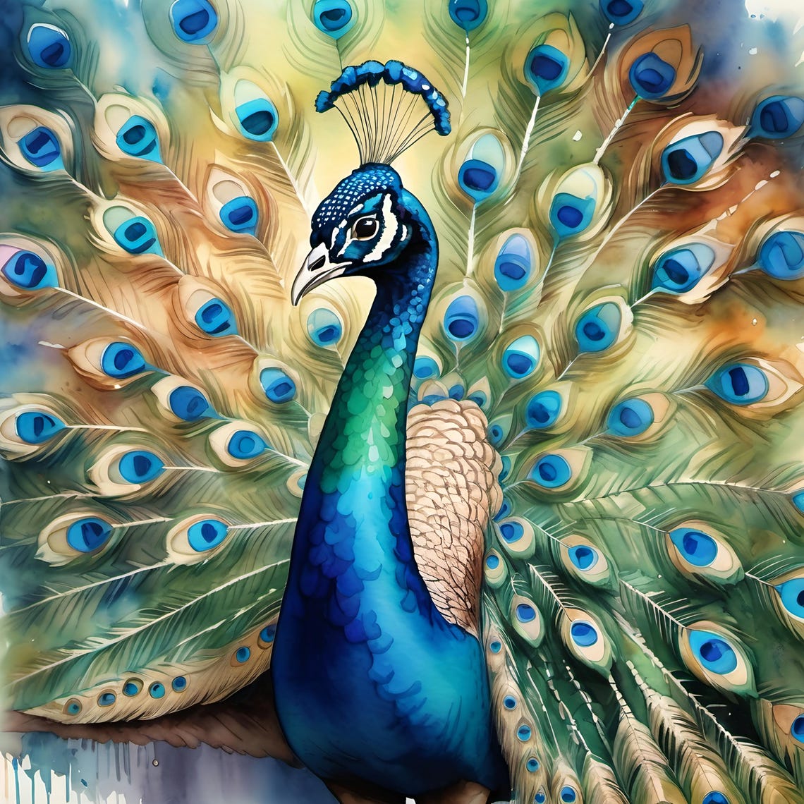 Majestic Peacock Watercolor Fan Tail Vibrant Blue Bird Art Print