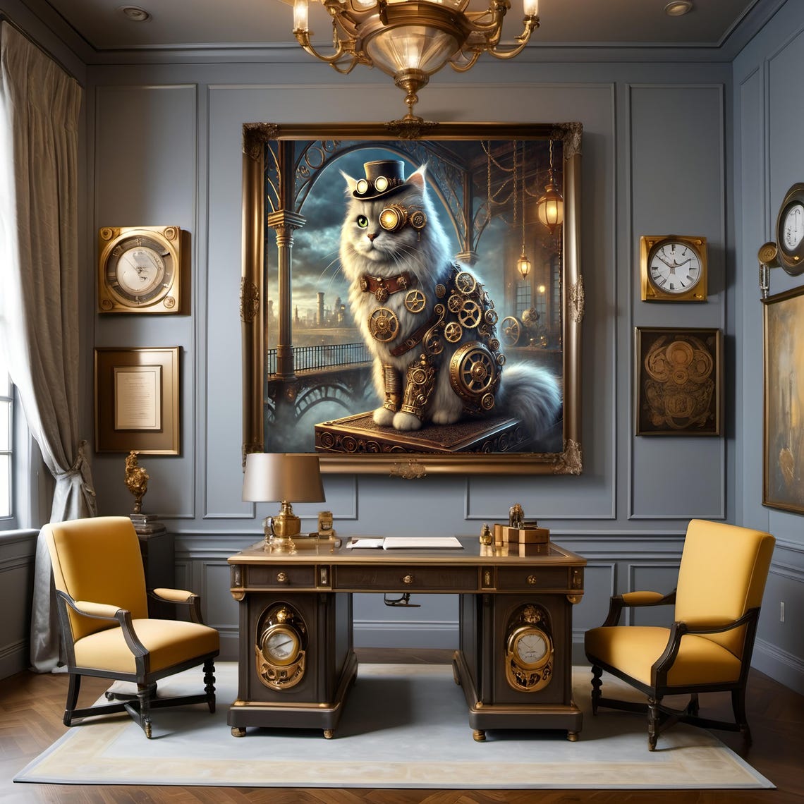 Victorian Steampunk Cat Top Hat Goggles Clockwork Gears Portrait Print - Image 2