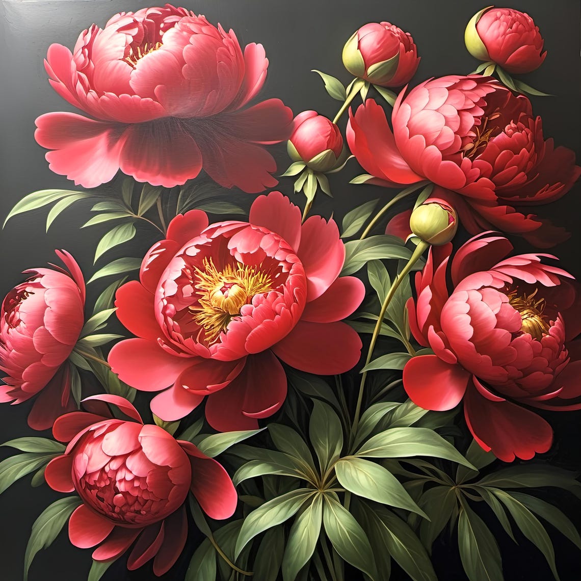 Bold Red Peony Full Blooms Dramatic Rich Floral Vintage Poster