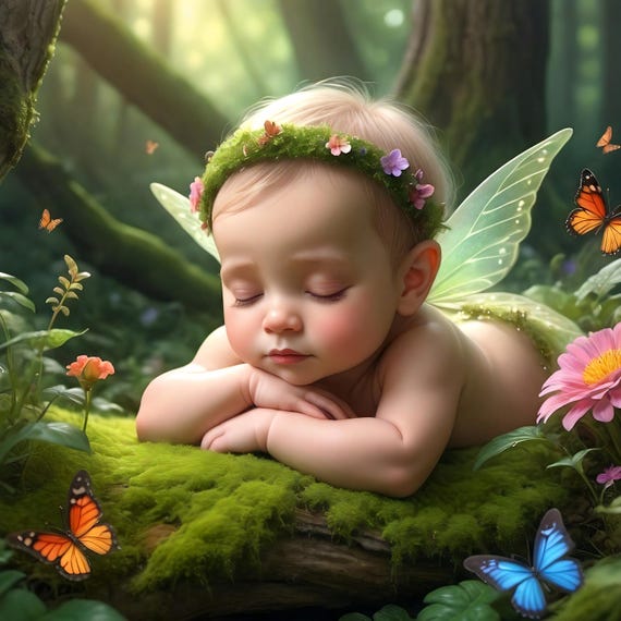 Sleeping Baby Fairy Art Print Whimsical Forest Nursery Decor Butterflies And Fantasy Artwork