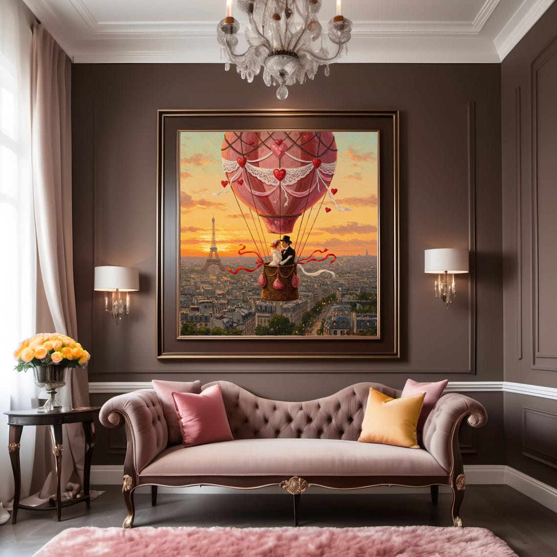 Paris Hot Air Balloon Ride Couple Eiffel Tower Sunset Skyline Poster - Image 3