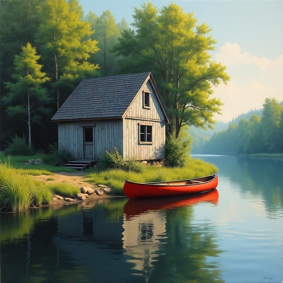 Rustic Fishing Shack By The Lake With Red Canoe Tranquil Nature Wall Art Serene Landscape Print Lakeside Retreat Artwork