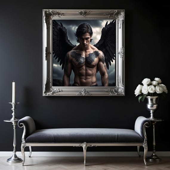 Dark Angel With Wing Tattoos Celestial Gothic Art Stormy Sky And Powerful Figure Mystical Fantasy Decor