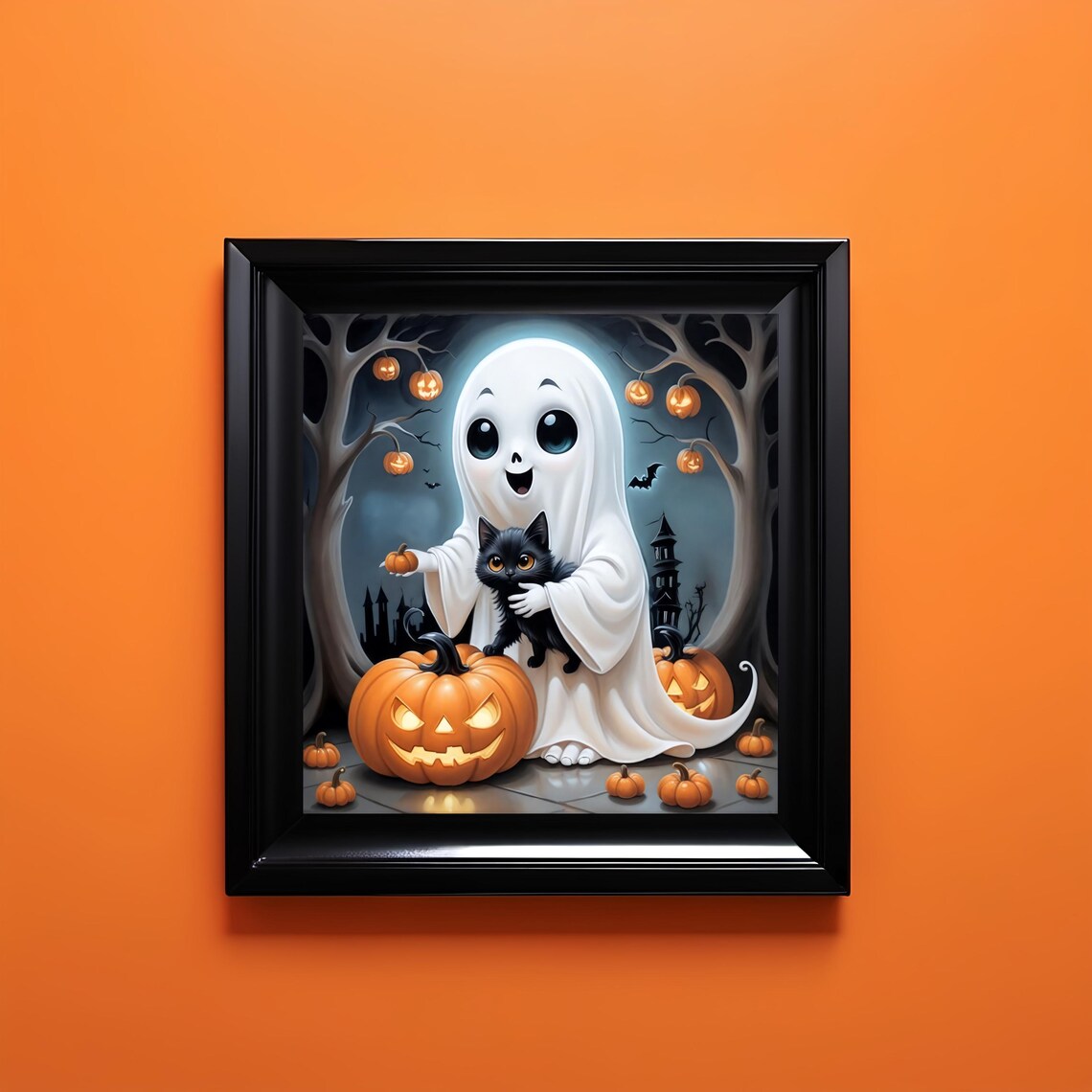 Smiling Ghost Holding Black Kitten With Pumpkins Under Full Moon Poster - Image 3