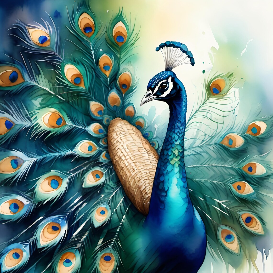 Peacock Watercolor Art Print, Elegant Bird Wall Art