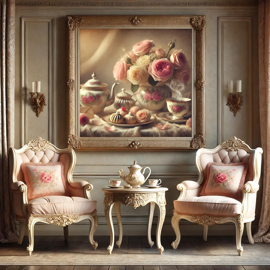Valentine Tea And Roses Porcelain Pastries Steaming Cup Romantic Print - Image 3