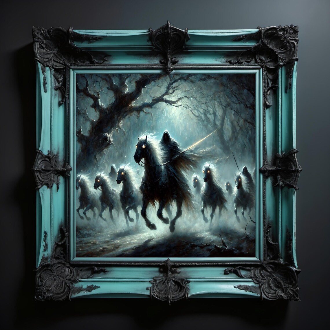Ghostly Wild Hunt Riders Haunted Forest Dark Gothic Fantasy Horsemen Wall Art - Image 3