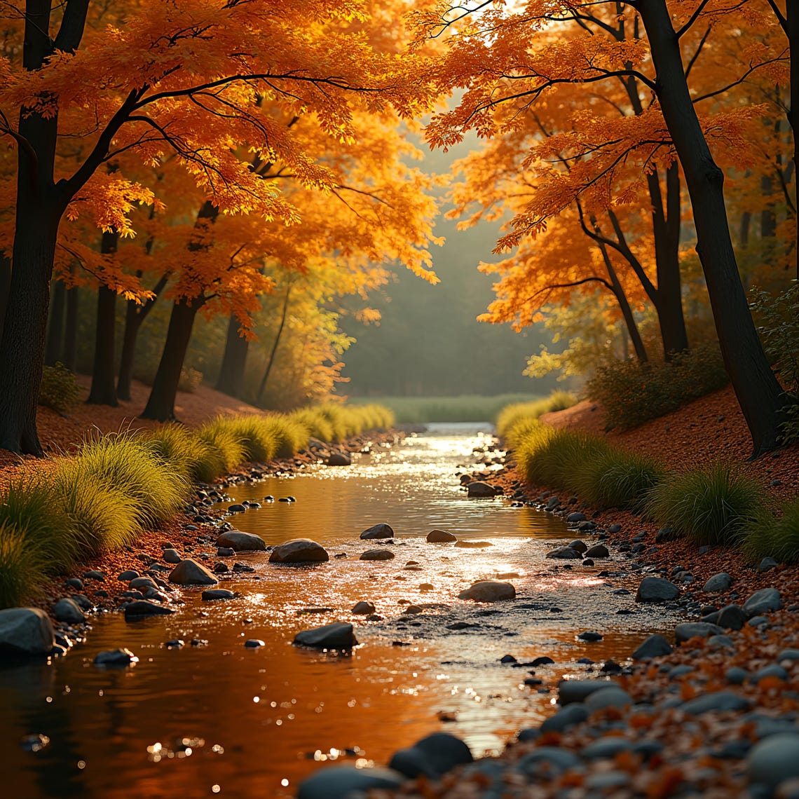 Autumn Brook Golden Maple Canopy Sunlit Creek Cozy Fall Poster