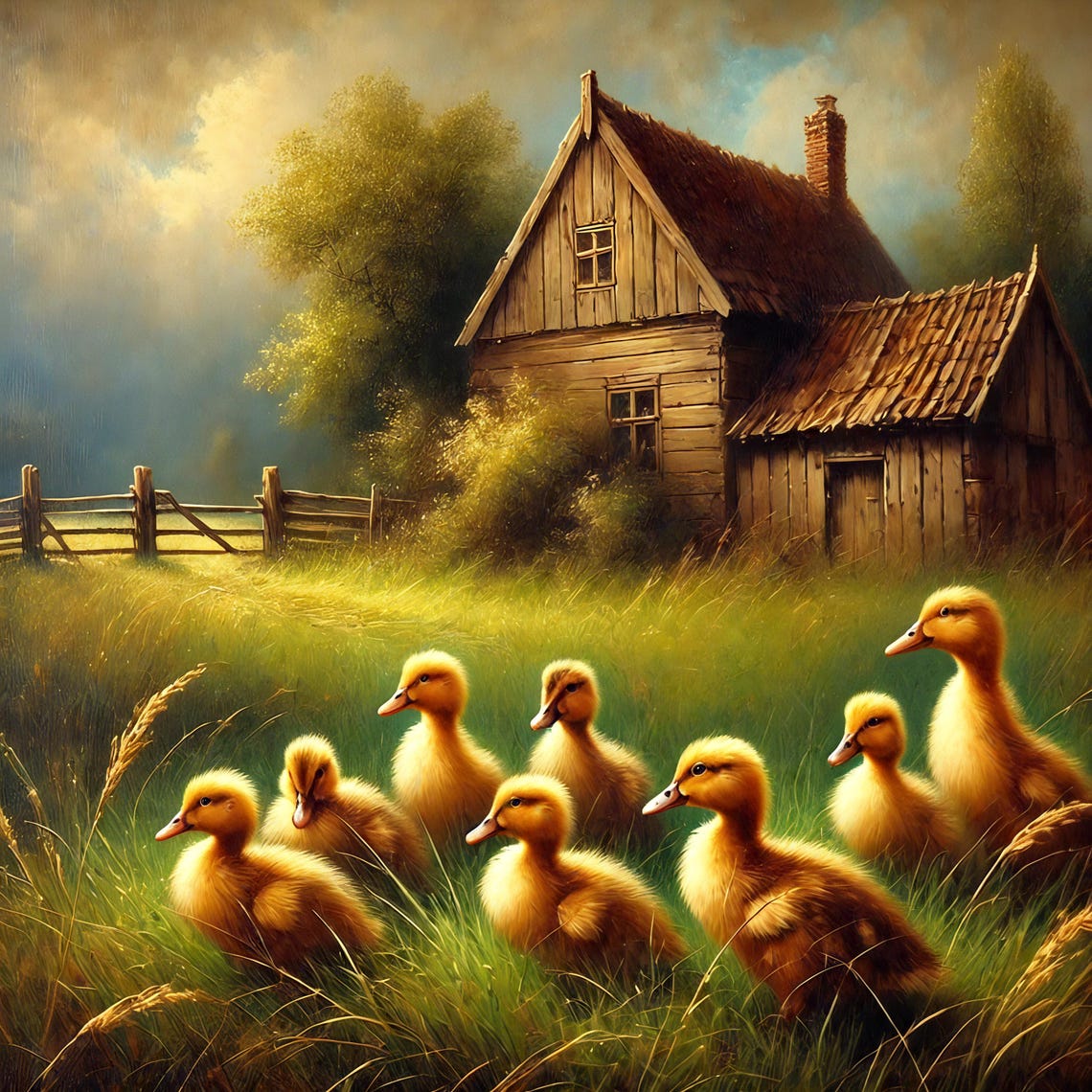 Mother Duck With Nine Ducklings By Rustic Barn In Green Pasture Print