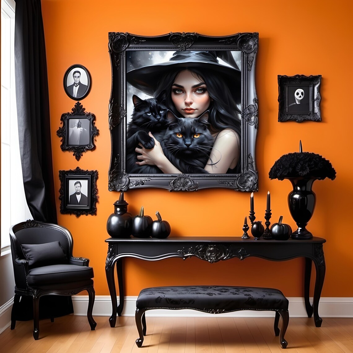 Mystical Black Haired Witch Holding Two Black Cats Gothic Magic Portrait Wall Art - Image 3