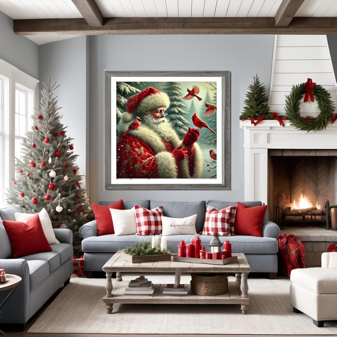 Santa Claus Surrounded by Red Cardinals Snowy Forest Art Print - Image 2