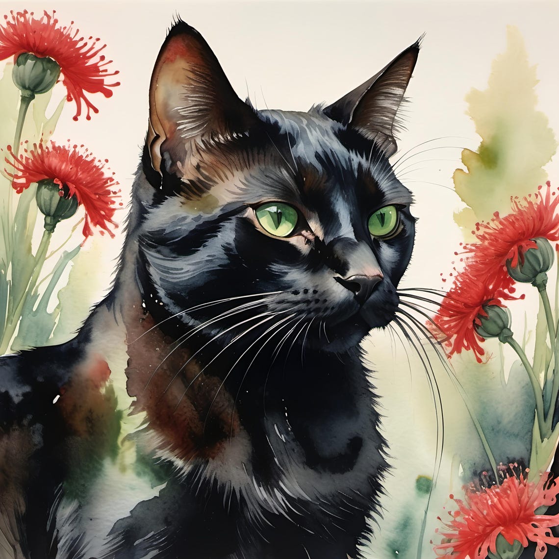 Black Cat Green Eyes Watercolor Portrait with Red Blooms Print