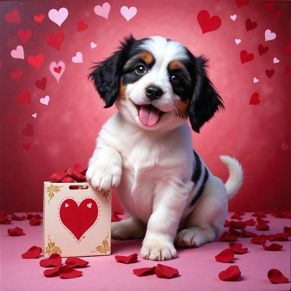 Smiling Puppy With Gift Bag Heart Rose Petals Sweet Valentines Poster