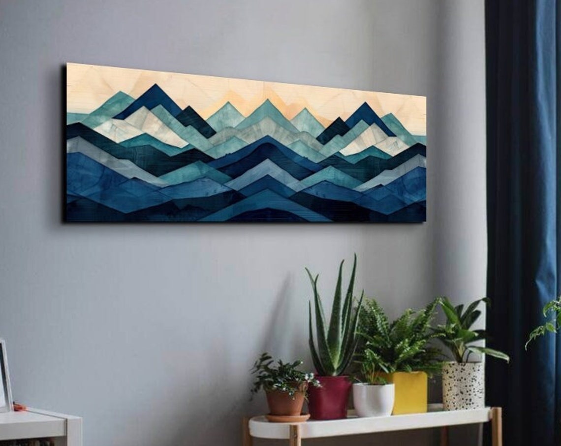 Navy Blue Geometric Mountain Range Minimalist Abstract Art Poster