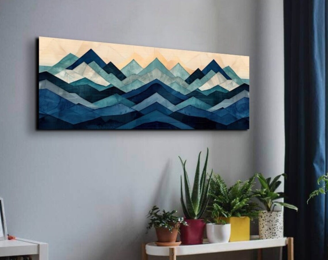 Panoramic Navy Geometric Mountain Range Ready To Hang Panoramic Wall Art Print Blue Tone Artwork Panoramic Art